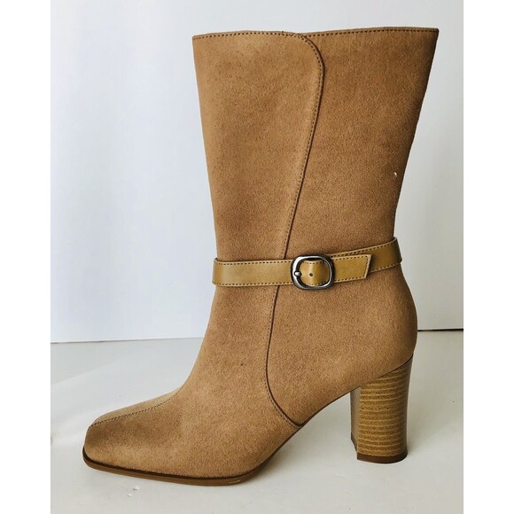 PREDICTIONS BOOTS TAN SUEDE SIZE 5.5. ANKLE 3 INCH HEELS UPPER SIDE ZIPPER - Picture 1 of 7